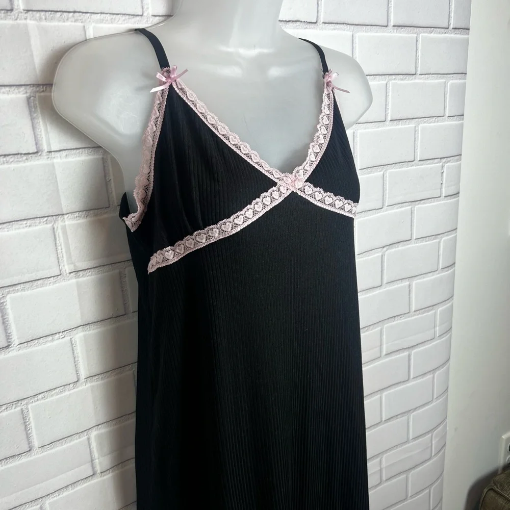 Spoiled Angel Y2K Inspired Black Ribbed Pink Lace Trim Cami Sleep Dress Nightgow
